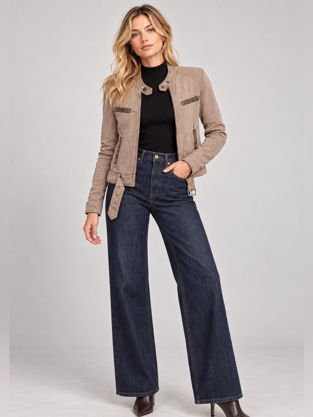 Free People Jacket Women’s Medium Taupe Moto Boho Knit Biker Zip Up Soft